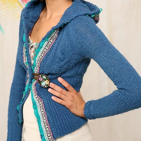FREE PEOPLE Tan Klara Wool Cable Knit Embroidered Trim Button Cardigan | Size XS - Picture 10 of 11
